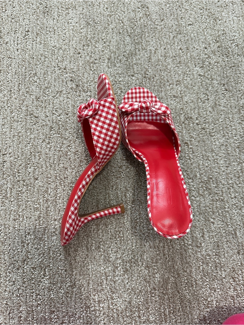 Red Gingham Bow Slip on Mule Heels